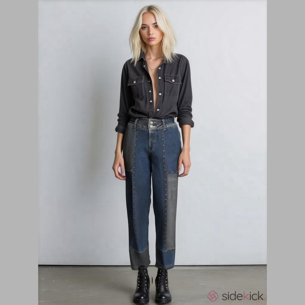 Vintage Retro USA Watch LA Patchwork Rivet Studded Straight Leg Denim Jeans-5/6